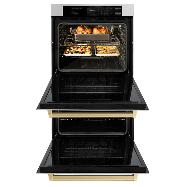 ZLINE 30 in. Autograph Edition Professional True Convection Double Wall Oven with Air Fry and Self Clean in DuraSnow® Stainless Steel with Champagne Bronze Handles (WADSZ-30-CB)