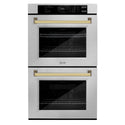 ZLINE 30 in. Autograph Edition Professional True Convection Double Wall Oven with Air Fry and Self Clean in DuraSnow® Stainless Steel with Polished Gold Handles (WADSZ-30-G)