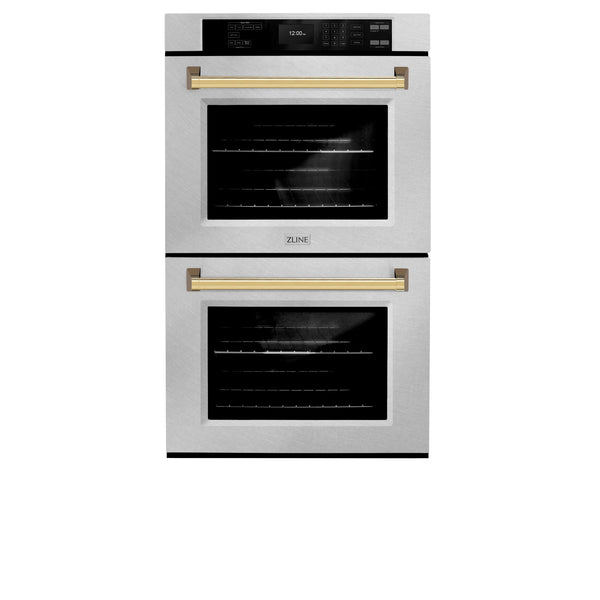 ZLINE 30 in. Autograph Edition Professional True Convection Double Wall Oven with Air Fry and Self Clean in DuraSnow® Stainless Steel with Polished Gold Handles (WADSZ-30-G)