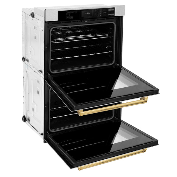 ZLINE 30 in. Autograph Edition Professional True Convection Double Wall Oven with Air Fry and Self Clean in DuraSnow® Stainless Steel with Polished Gold Handles (WADSZ-30-G)