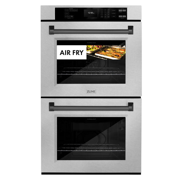 ZLINE 30 in. Autograph Edition Professional True Convection Double Wall Oven with Air Fry and Self Clean in DuraSnow® Stainless Steel with Matte Black Handles (WADSZ-30-MB)