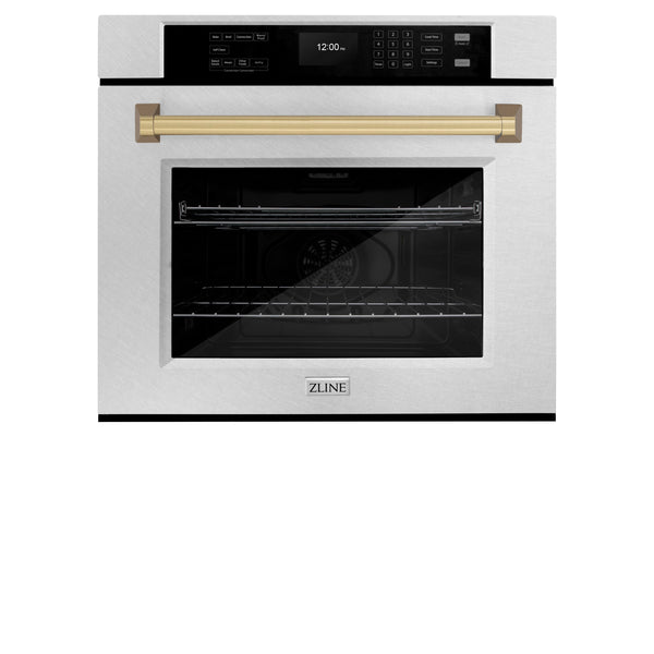 ZLINE 30 in. Autograph Edition Professional True Convection Single Wall Oven with Air Fry and Self Clean in DuraSnow® Stainless Steel with Champagne Bronze Handle (WASSZ-30-CB)