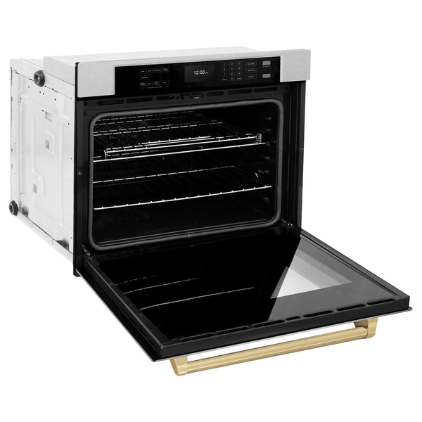 ZLINE 30 in. Autograph Edition Professional True Convection Single Wall Oven with Air Fry and Self Clean in DuraSnow® Stainless Steel with Champagne Bronze Handle (WASSZ-30-CB)