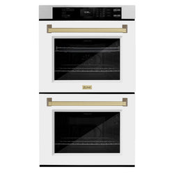 ZLINE 30 in. Autograph Edition Professional True Convection Double Wall Oven with Air Fry and Self Clean in DuraSnow® Stainless Steel with White Matte Doors and Champagne Bronze Handles (WADSZ-WM-30-CB)