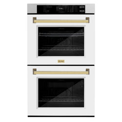 ZLINE 30 in. Autograph Edition Professional True Convection Double Wall Oven with Air Fry and Self Clean in DuraSnow® Stainless Steel with White Matte Doors and Polished Gold Handles (WADSZ-WM-30-G)