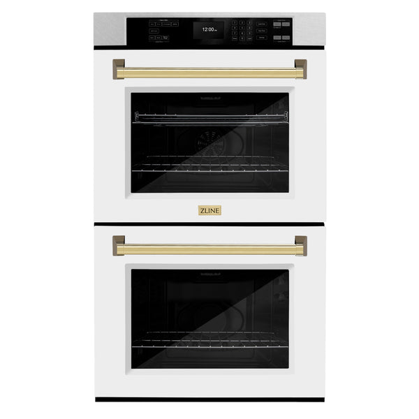 ZLINE 30 in. Autograph Edition Professional True Convection Double Wall Oven with Air Fry and Self Clean in DuraSnow® Stainless Steel with White Matte Doors and Polished Gold Handles (WADSZ-WM-30-G)