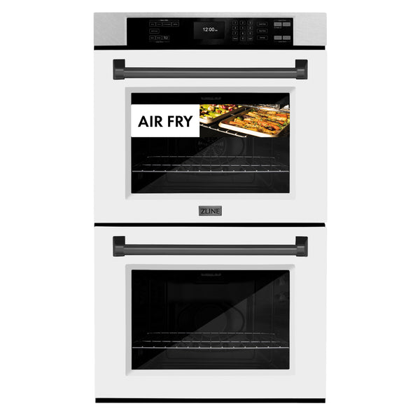 ZLINE 30 in. Autograph Edition Professional True Convection Double Wall Oven with Air Fry and Self Clean in DuraSnow® Stainless Steel with White Matte Doors and Matte Black Handles (WADSZ-WM-30-MB)