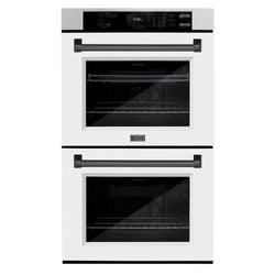 ZLINE 30 in. Autograph Edition Professional True Convection Double Wall Oven with Air Fry and Self Clean in DuraSnow® Stainless Steel with White Matte Doors and Matte Black Handles (WADSZ-WM-30-MB)