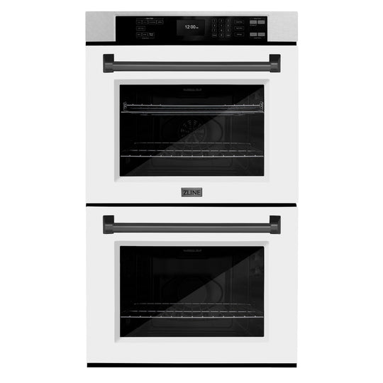 ZLINE 30 in. Autograph Edition Professional True Convection Double Wall Oven with Air Fry and Self Clean in Satin Stainless Steel with White Matte Doors and Matte Black Handles (WADSZ-WM-30-MB)