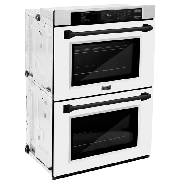 ZLINE 30 in. Autograph Edition Professional True Convection Double Wall Oven with Air Fry and Self Clean in DuraSnow® Stainless Steel with White Matte Doors and Matte Black Handles (WADSZ-WM-30-MB)