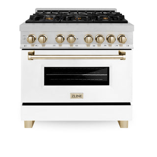 Buy gold ZLINE Autograph Edition 36&quot; 4.6 cu. ft. Dual Fuel Range with Gas Stove and Electric Oven in DuraSnow Stainless Steel with White Matte Door and Accents (RASZ-WM-36)