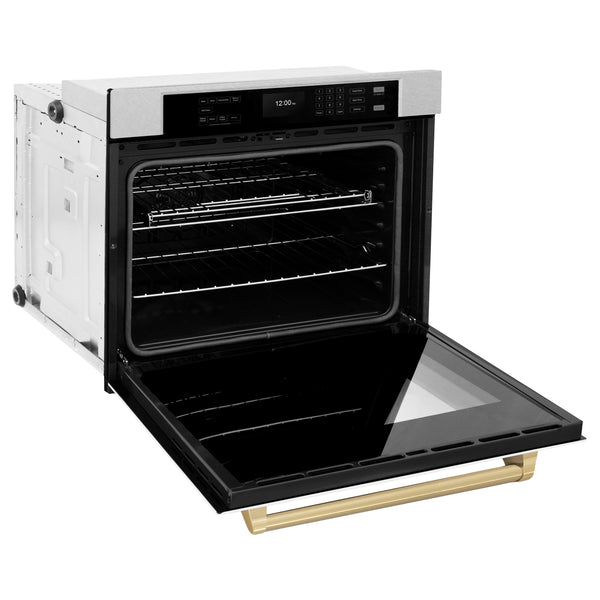 ZLINE 30 in. Autograph Edition Professional True Convection Single Wall Oven with Air Fry and Self Clean in DuraSnow® Stainless Steel with White Matte Door and Champagne Bronze Handle (WASSZ-WM-30-CB)