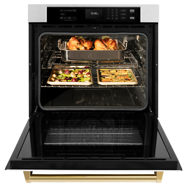 ZLINE 30 in. Autograph Edition Professional True Convection Single Wall Oven with Air Fry and Self Clean in DuraSnow® Stainless Steel with White Matte Door and Polished Gold Handle (WASSZ-WM-30-G)