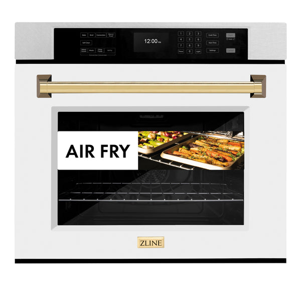 ZLINE 30 in. Autograph Edition Professional True Convection Single Wall Oven with Air Fry and Self Clean in DuraSnow® Stainless Steel with White Matte Door and Polished Gold Handle (WASSZ-WM-30-G)