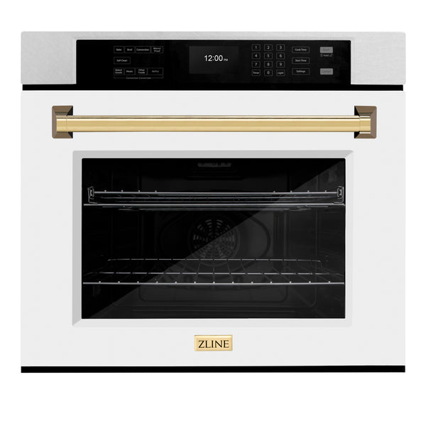 ZLINE 30 in. Autograph Edition Professional True Convection Single Wall Oven with Air Fry and Self Clean in DuraSnow® Stainless Steel with White Matte Door and Polished Gold Handle (WASSZ-WM-30-G)