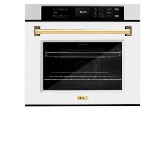 ZLINE 30 in. Autograph Edition Professional True Convection Single Wall Oven with Air Fry and Self Clean in Satin Stainless Steel with White Matte Door and Polished Gold Handle (WASSZ-WM-30-G)
