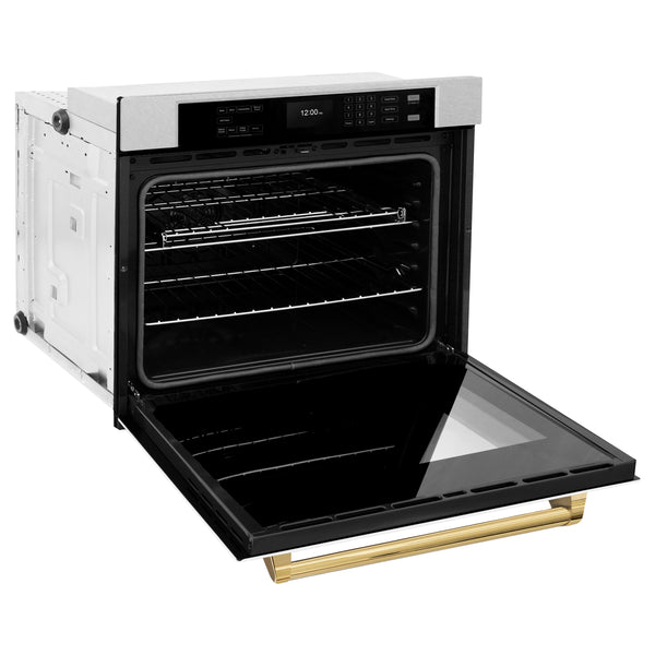 ZLINE 30 in. Autograph Edition Professional True Convection Single Wall Oven with Air Fry and Self Clean in DuraSnow® Stainless Steel with White Matte Door and Polished Gold Handle (WASSZ-WM-30-G)