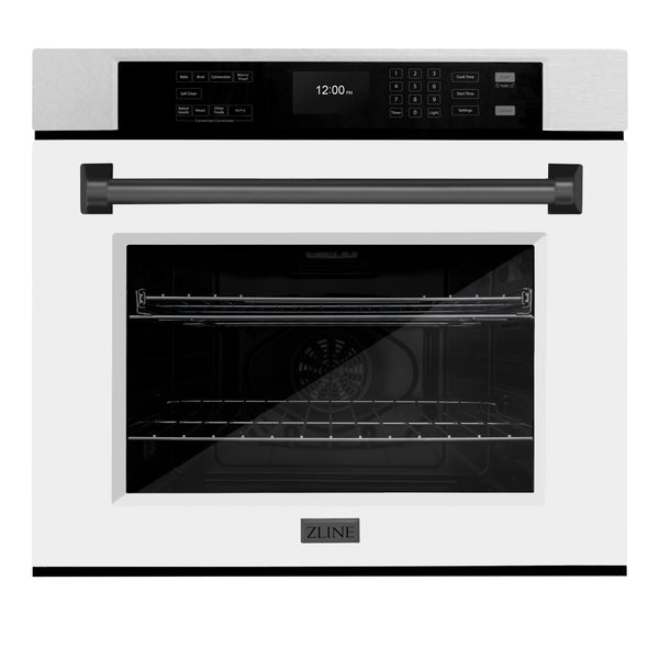 ZLINE 30 in. Autograph Edition Professional True Convection Single Wall Oven with Air Fry and Self Clean in DuraSnow® Stainless Steel with White Matte Door and Matte Black Handle (WASSZ-WM-30-MB)