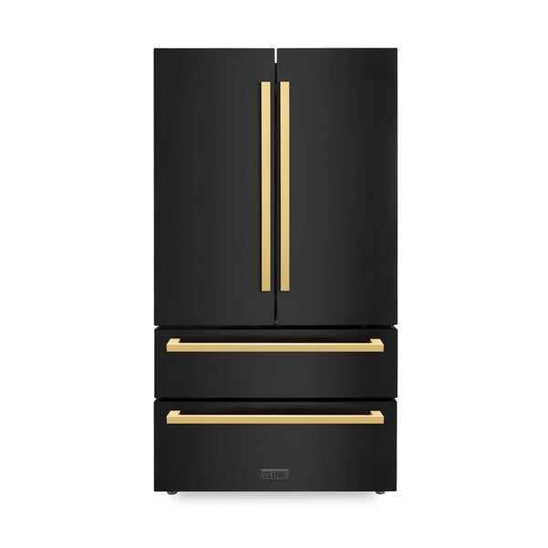 ZLINE 36 in. Autograph Edition 22.5 cu. ft 4-Door French Door Refrigerator with Ice Maker in Black Stainless Steel with Polished Gold Modern Handles (RFMZ-36-BS-FG)