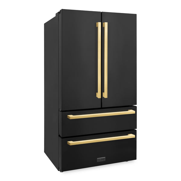 ZLINE Autograph Edition 36 in. 22.5 cu. ft. Counter-Depth French Door Refrigerator with Ice Maker in Fingerprint-Resistant Black Stainless Steel and Polished Gold Modern Handles (RFMZ-36-BS-FG)