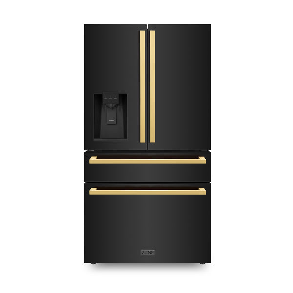 ZLINE 36 in. Autograph Edition 21.6 cu. ft 4-Door French Door Refrigerator with Water and Ice Dispenser in Black Stainless Steel with Polished Gold Modern Handles (RFMZ-W-36-BS-FG)