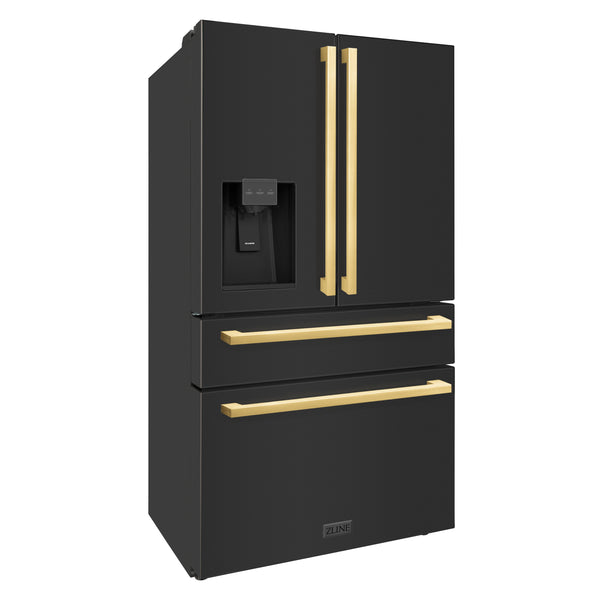 ZLINE Autograph Edition 36 in. 21.6 cu. ft. Counter-Depth French Door Refrigerator with Water and Ice Dispenser in Fingerprint-Resistant Black Stainless Steel with Polished Gold Modern Handles (RFMZ-W-36-BS-FG)