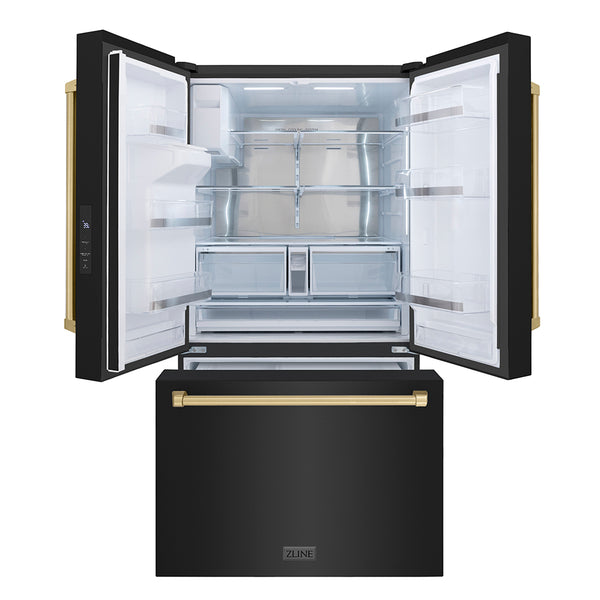 ZLINE Autograph Edition 36 in. 28.9 cu. ft. Standard-Depth French Door External Water Dispenser Refrigerator with Dual Ice Maker in Fingerprint-Resistant Black Stainless Steel and Champagne Bronze Traditional Handles (RSMZ-W-36-BS-CB)