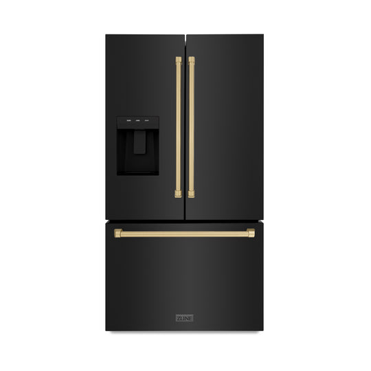 ZLINE Autograph Edition 36 in. 28.9 cu. ft. Standard-Depth French Door External Water Dispenser Refrigerator with Dual Ice Maker in Fingerprint-Resistant Black Stainless Steel and Champagne Bronze Traditional Handles (RSMZ-W-36-BS-CB)
