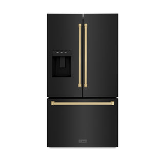 ZLINE Autograph Edition 36 in. 28.9 cu. ft. Standard-Depth French Door External Water Dispenser Refrigerator with Dual Ice Maker in Black Stainless Steel and Champagne Bronze Handles (RSMZ-W-36-BS-CB)