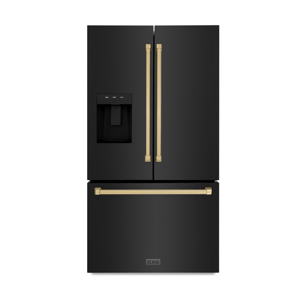 ZLINE Autograph Edition 36 in. 28.9 cu. ft. Standard-Depth French Door External Water Dispenser Refrigerator with Dual Ice Maker in Fingerprint-Resistant Black Stainless Steel and Champagne Bronze Traditional Handles (RSMZ-W-36-BS-CB)