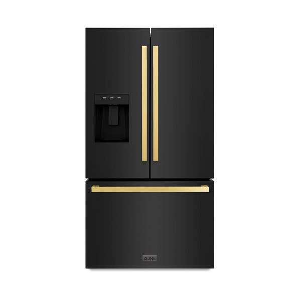 ZLINE Autograph Edition 36 in. 28.9 cu. ft. Standard-Depth French Door External Water Dispenser Refrigerator with Dual Ice Maker in Fingerprint-Resistant Black Stainless Steel and Polished Gold Modern Handles (RSMZ-W-36-BS-FG)