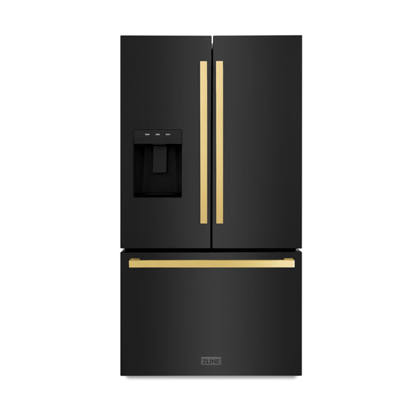 ZLINE Autograph Edition 36 in. 28.9 cu. ft. Standard-Depth French Door External Water Dispenser Refrigerator with Dual Ice Maker in Black Stainless Steel and Polished Gold Modern Handles (RSMZ-W-36-BS-FG)