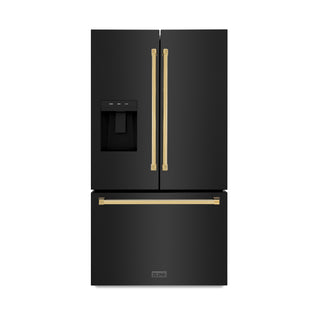 ZLINE Autograph Edition 36 in. 28.9 cu. ft. Standard-Depth French Door External Water Dispenser Refrigerator with Dual Ice Maker in Black Stainless Steel and Polished Gold Handles (RSMZ-W-36-BS-G)