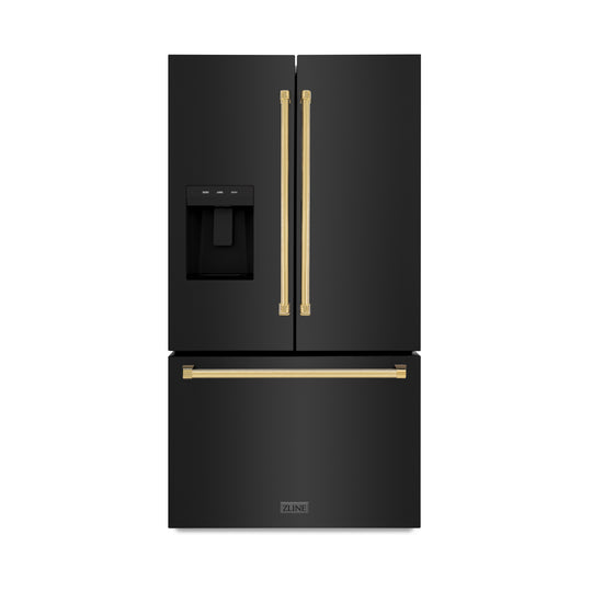 ZLINE Autograph Edition 36 in. 28.9 cu. ft. Standard-Depth French Door External Water Dispenser Refrigerator with Dual Ice Maker in Fingerprint-Resistant Black Stainless Steel and Polished Gold Traditional Handles (RSMZ-W-36-BS-G)