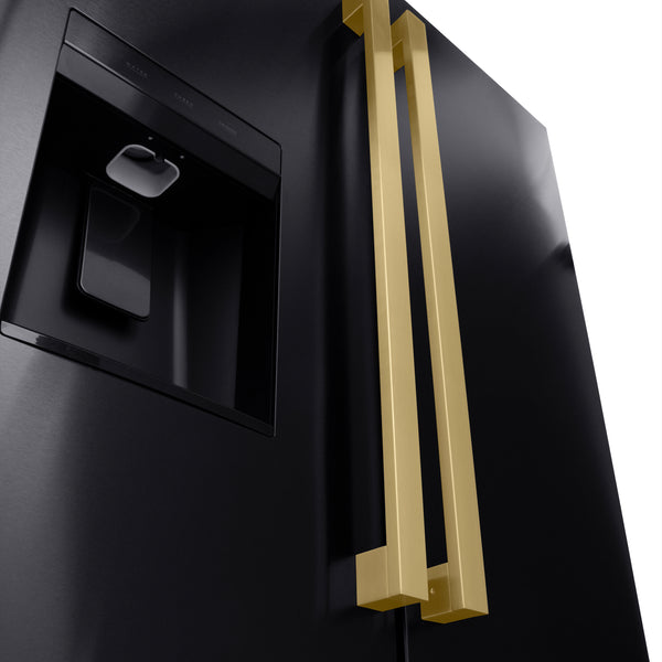ZLINE Autograph Edition 36 in. 28.9 cu. ft. Standard-Depth French Door External Water Dispenser Refrigerator with Dual Ice Maker in Black Stainless Steel and Champagne Bronze Square Handles (RSMZ-W-36-BS-FCB)