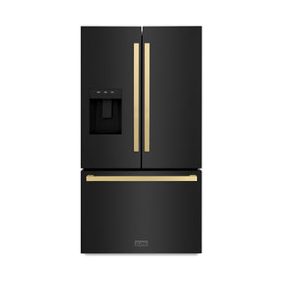 ZLINE Autograph Edition 36 in. 28.9 cu. ft. Standard-Depth French Door External Water Dispenser Refrigerator with Dual Ice Maker in Black Stainless Steel and Champagne Bronze Square Handles (RSMZ-W36-BS-FCB)