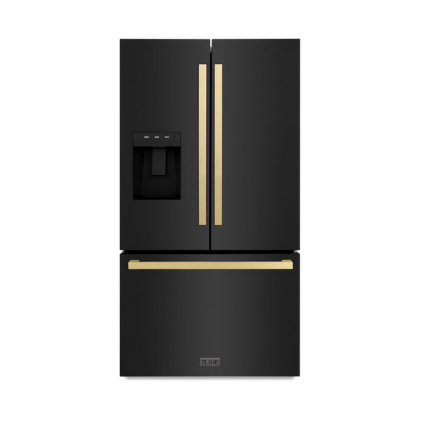 ZLINE Autograph Edition 36 in. 28.9 cu. ft. Standard-Depth French Door External Water Dispenser Refrigerator with Dual Ice Maker in Black Stainless Steel and Champagne Bronze Square Handles (RSMZ-W-36-BS-FCB)