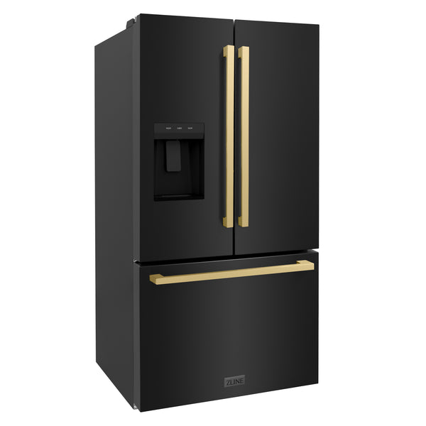 ZLINE Autograph Edition 36 in. 28.9 cu. ft. Standard-Depth French Door External Water Dispenser Refrigerator with Dual Ice Maker in Black Stainless Steel and Champagne Bronze Square Handles (RSMZ-W-36-BS-FCB)
