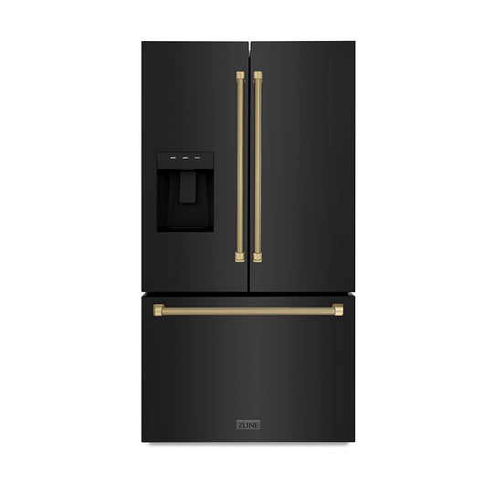 ZLINE Autograph Edition 36 in. 28.9 cu. ft. Standard-Depth French Door External Water Dispenser Refrigerator with Dual Ice Maker in Fingerprint-Resistant Black Stainless Steel and Champagne Bronze Helix Handles (RSMZ-W36-BS-KCB)