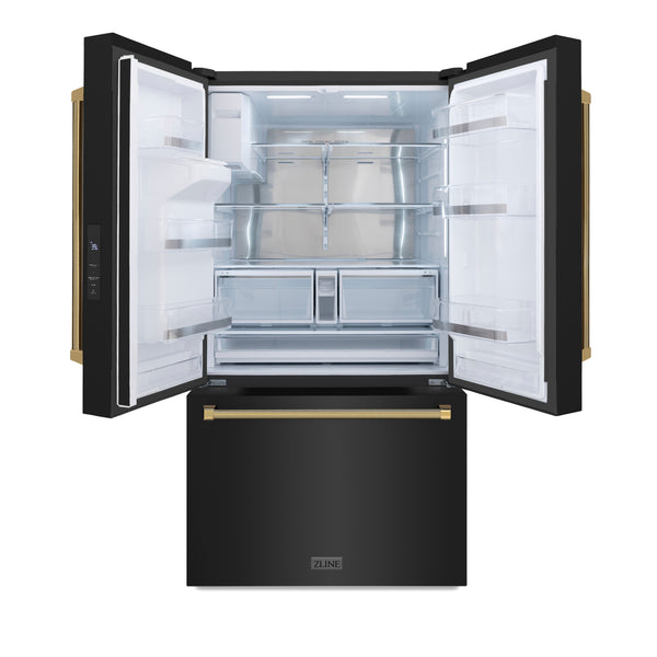 ZLINE Autograph Edition 36 in. 28.9 cu. ft. Standard-Depth French Door External Water Dispenser Refrigerator with Dual Ice Maker in Fingerprint-Resistant Black Stainless Steel and Polished Gold Helix Handles (RSMZ-W-36-BS-KG)