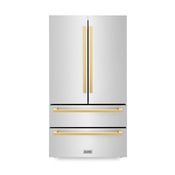 ZLINE Autograph Edition 36 in. 22.5 cu. ft. Counter-Depth French Door Refrigerator with Ice Maker in Fingerprint-Resistant Stainless Steel with Polished Gold Modern Handles (RFMZ-36-FG)