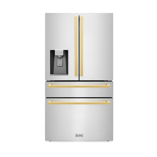 ZLINE Autograph Edition 36 in. 21.6 cu. ft. Counter-Depth French Door Refrigerator with Water and Ice Dispenser in Fingerprint-Resistant Stainless Steel with Polished Gold Modern Handles (RFMZ-W-36-FG)