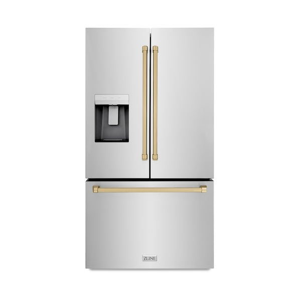 ZLINE Autograph Edition 36 in. 28.9 cu. ft. Standard-Depth French Door External Water Dispenser Refrigerator with Dual Ice Maker in Fingerprint-Resistant Stainless Steel and Champagne Bronze Traditional Handles (RSMZ-W-36-CB)
