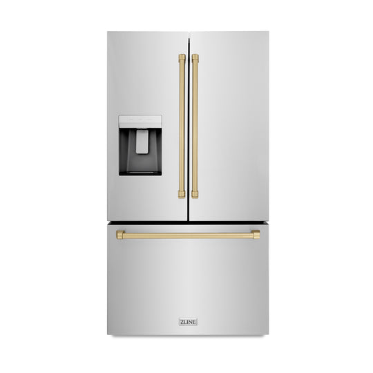ZLINE Autograph Edition 36 in. 28.9 cu. ft. Standard-Depth French Door External Water Dispenser Refrigerator with Dual Ice Maker in Fingerprint-Resistant Stainless Steel and Champagne Bronze Traditional Handles (RSMZ-W-36-CB)