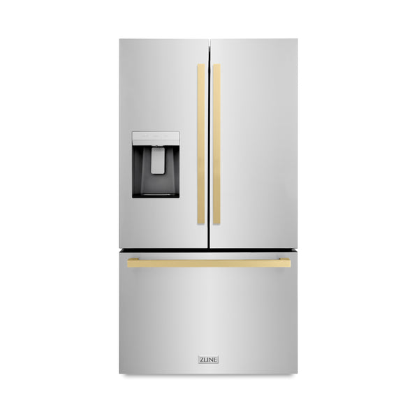 ZLINE Autograph Edition 36 in. 28.9 cu. ft. Standard-Depth French Door External Water Dispenser Refrigerator with Dual Ice Maker in Fingerprint-Resistant Stainless Steel and Champagne Bronze Modern Handles (RSMZ-W-36-FCB)