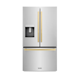 ZLINE Autograph Edition 36 in. 28.9 cu. ft. Standard-Depth French Door External Water Dispenser Refrigerator with Dual Ice Maker in Fingerprint Resistant Stainless Steel and Champagne Bronze Square Handles (RSMZ-W-36-FCB)
