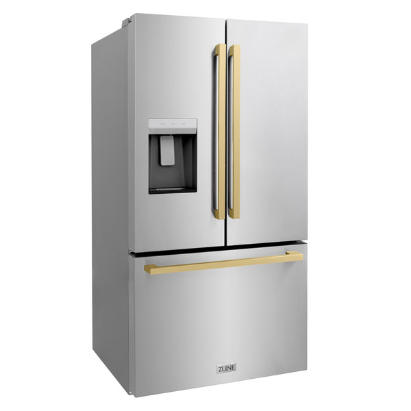 ZLINE Autograph Edition 36 in. 28.9 cu. ft. Standard-Depth French Door External Water Dispenser Refrigerator with Dual Ice Maker in Fingerprint-Resistant Stainless Steel and Champagne Bronze Modern Handles (RSMZ-W-36-FCB)