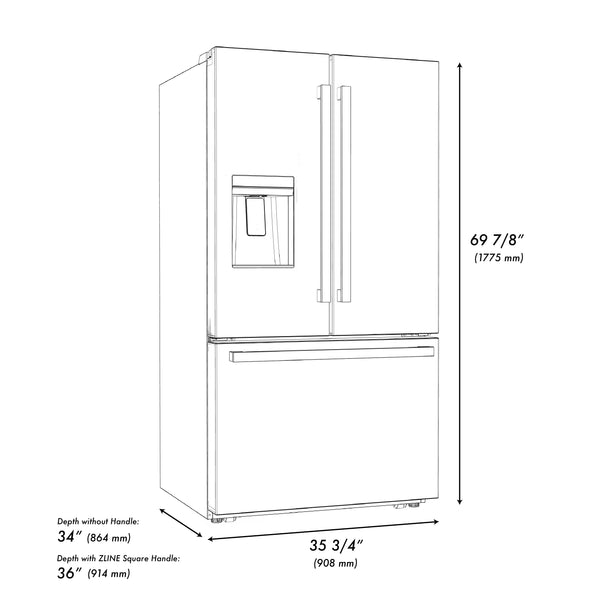 ZLINE Autograph Edition 36 in. 28.9 cu. ft. Standard-Depth French Door External Water Dispenser Refrigerator with Dual Ice Maker in Fingerprint-Resistant Stainless Steel and Polished Gold Modern Handles (RSMZ-W-36-FG)