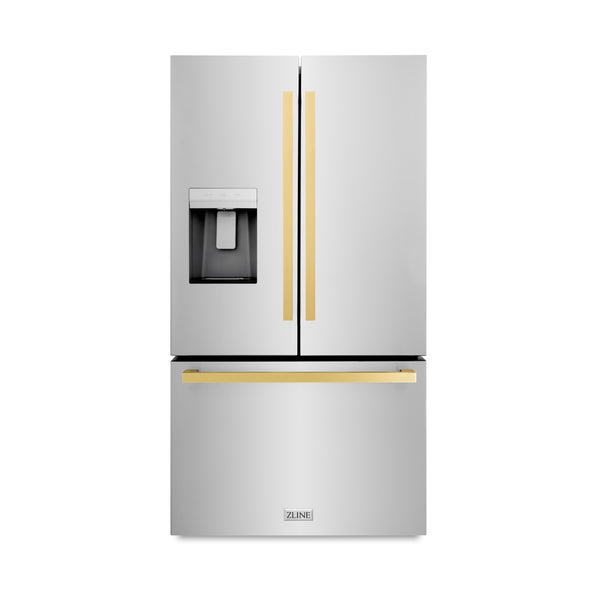 ZLINE 36 in. Autograph Edition 21.6 cu. ft 4-Door French Door Refrigerator with Water and Ice Dispenser in Stainless Steel with Polished Gold Modern Handles (RFMZ-W-36-FG)