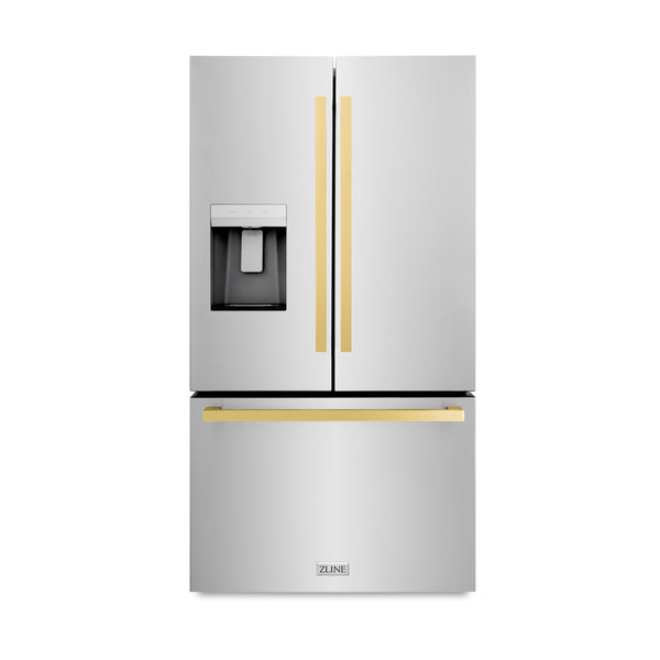 ZLINE Autograph Edition 36 in. 28.9 cu. ft. Standard-Depth French Door External Water Dispenser Refrigerator with Dual Ice Maker in Fingerprint Resistant Stainless Steel and Polished Gold Square Handles (RSMZ-W-36-FG)